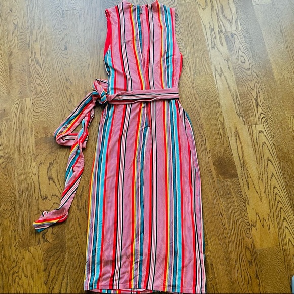 Alice and Olivia Sports Muiltistripes Delora Tie Waist Mock Neck Jersey Midi - Picture 12 of 15